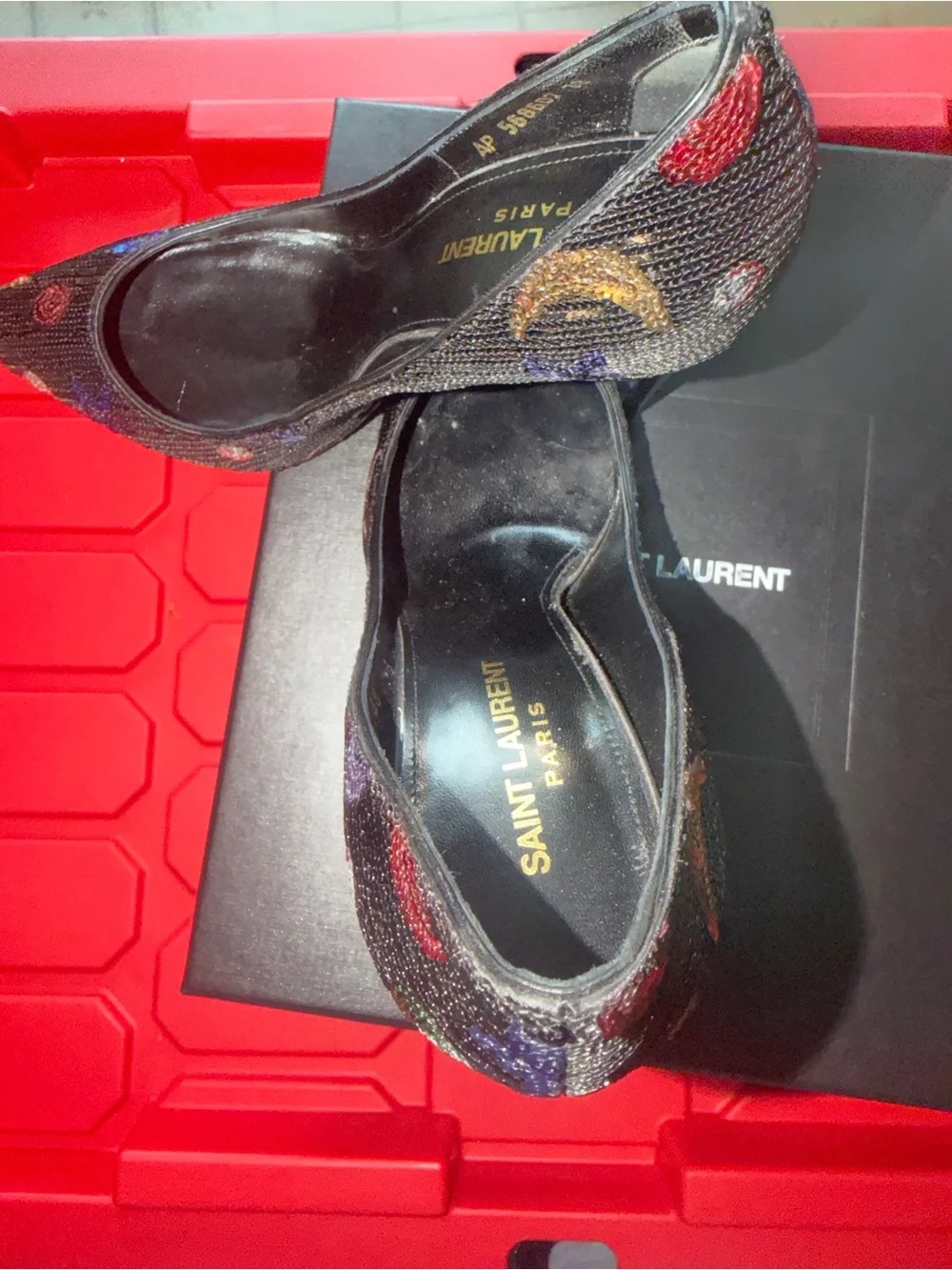 Saint Laurent Black Pointed Pumps with Multicolor Dots - Picture 3 of 9